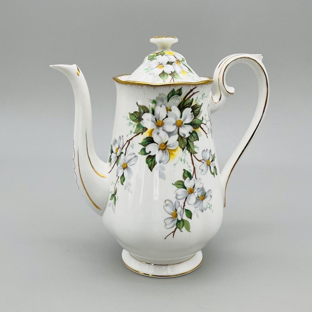Rare VTG Royal Albert White Dogwood Large Coffee Pot 8-1/2" ~ Brushed Gold Trim